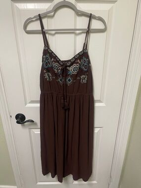 Shyanne Brown Midi Dress with Teal & Cream Embroidery